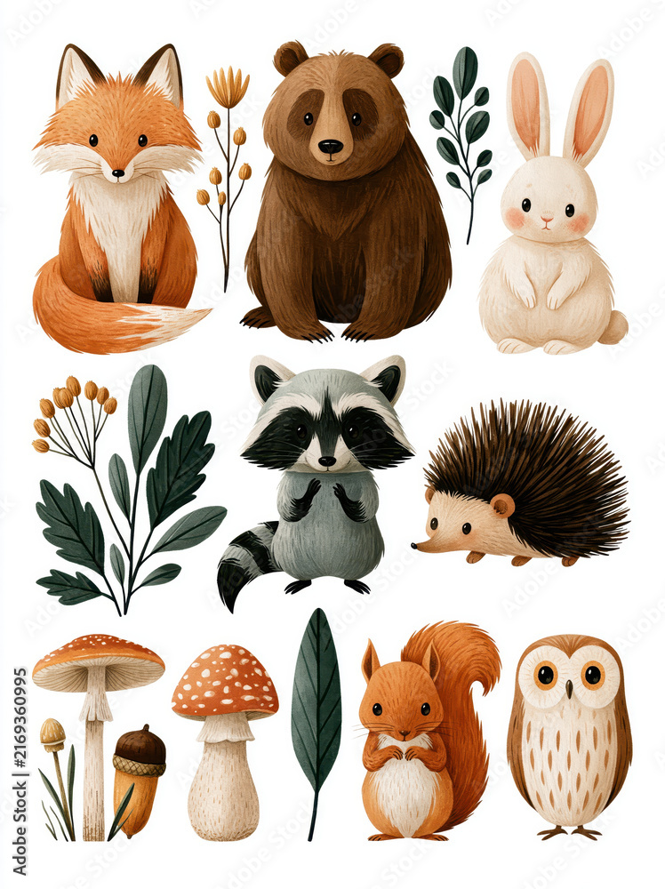 Naklejka premium Cute forest animal watercolor illustration with fox, bear, rabbit, raccoon, hedgehog, squirrel and owl