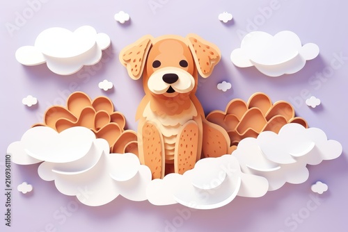 Adorable paper cut golden retriever puppy sitting on fluffy clouds with a pastel background