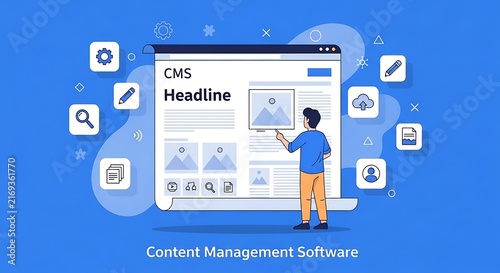 Vector illustration of a person managing website content via software interface