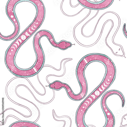 Seamless pattern mystical pink snakes with moon phases, stars. Hand drawn Esoteric background with watercolor texture, graphic line art isolated on white background. For boho designs, magical textile.