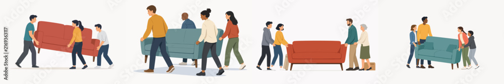 Fototapeta premium Vector illustration of people carrying a sofa while moving house white background