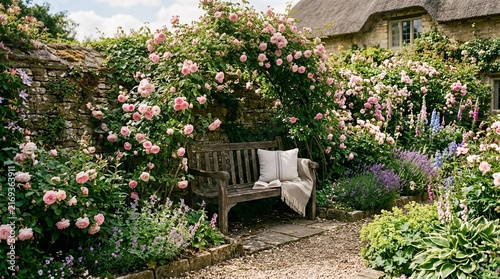 Quaint Garden Bench Surrounded by Blooming Flowers and Lush Greenery.