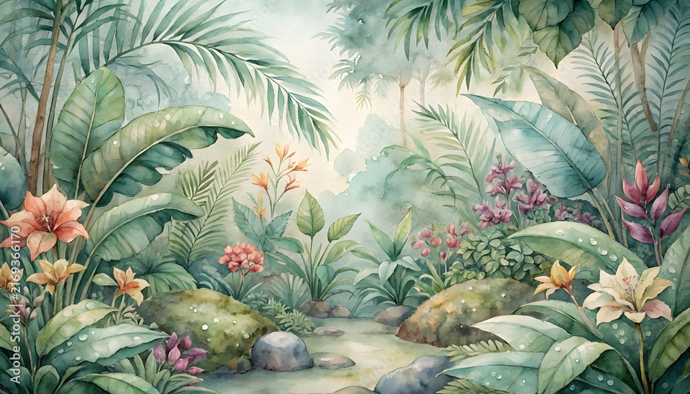 Obraz premium Lush Tropical Jungle with Exotic Flowers and Foliage