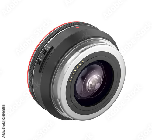 Prime camera lens on white background