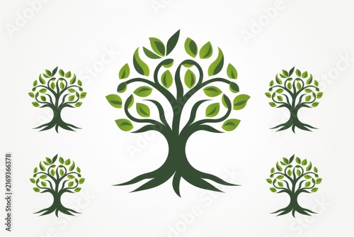 Set of stylized green tree icons representing nature and growth