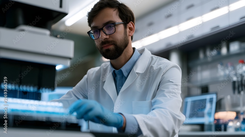 Obraz premium A focused scientist in a lab coat and glasses handles test tubes with gloved hands near lab equipment under bright lighting