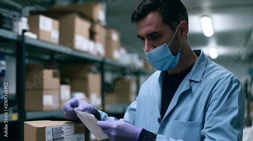 A man in a lab coat and face mask examines a document while standing beside a cardboard box in a warehouse with shelves of boxes in the background