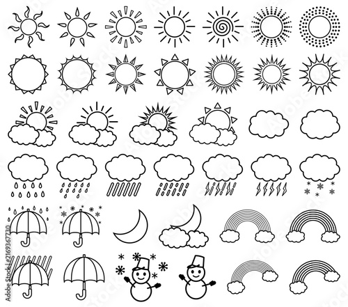 シンプルな黒い線のお天気アイコン：太陽・月・雲・雨・雷・傘・虹・雪・雪だるま