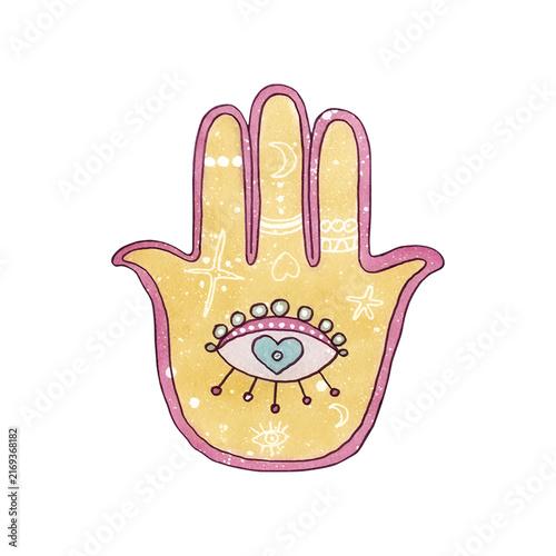Cute watercolor Hamsa hand all-seeing eye in center. Pastel mystical amulet decorated celestial elements, hearts. Girly esoteric protective talisman hand drawn illustration isolated from background