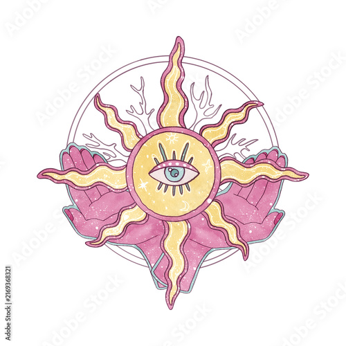 Hand drawn watercolor mystical celestial sun with all-seeing eye in center, held by pink open hands. Illustration with graphic elements. Magic esotericism spiritual concept isolated from background