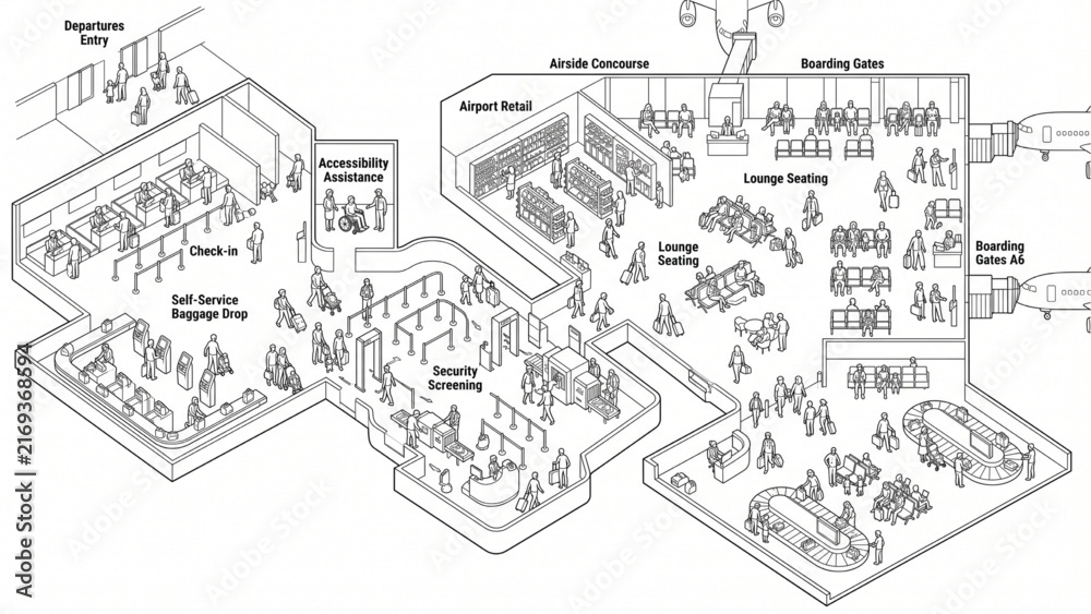 Obraz premium Top Down Holiday Airport Passenger Journey with Check In Baggage Security Lounge and Accessibility CAD Vector