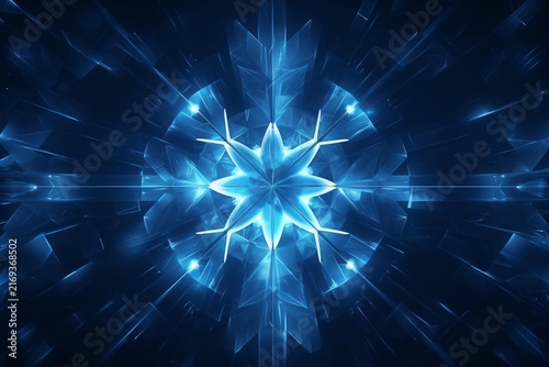 Abstract fractal design creating a bright blue glowing snowflake shape with geometric elements