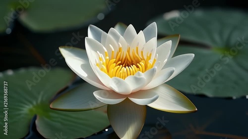 A delicate water lily bud emerges from dark water surrounded by lily pads.