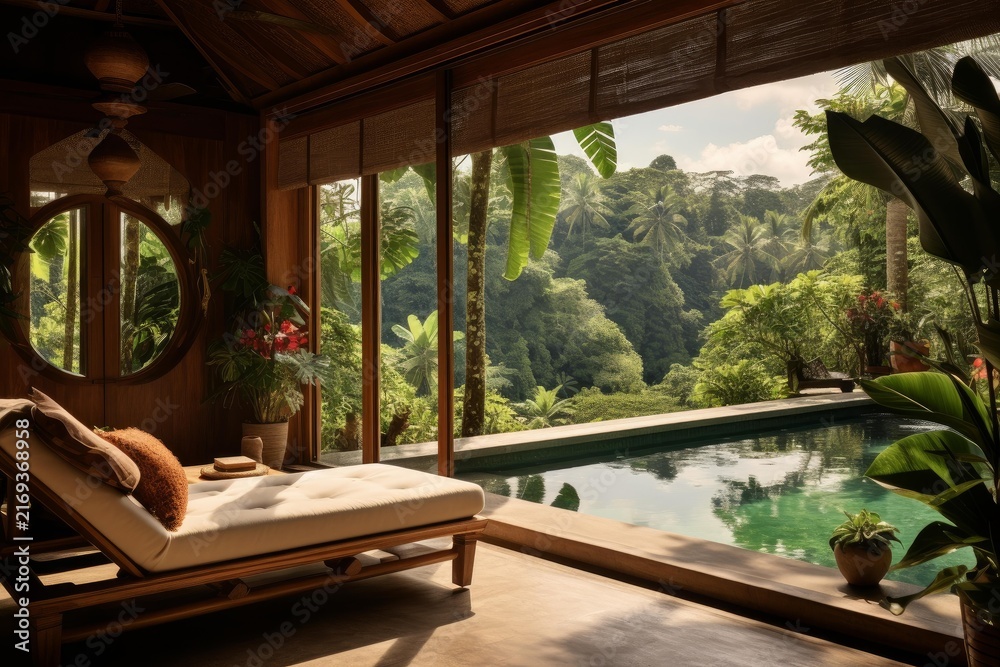 Fototapeta premium Relaxing resort villa featuring an infinity pool with expansive jungle views