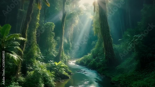 Sunbeams illuminate a lush jungle stream.