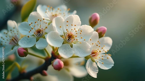 Delicate white cherry blossoms with pink buds unfurl against a soft, blurred background.
