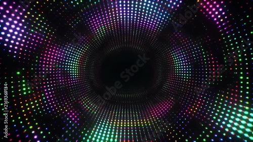 A digital tunnel of colorful LED lights recedes into darkness with a grid floor.