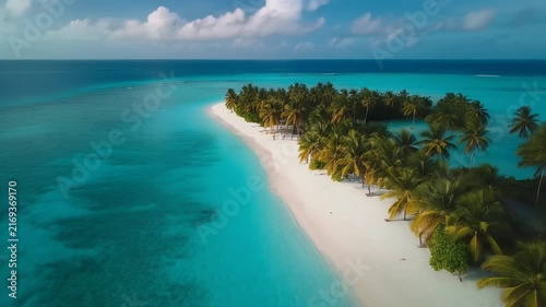 An aerial view of a tropical island with white sand beaches and clear turquoise waters.