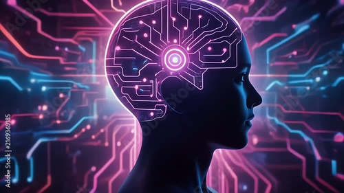 A glowing digital brain inside a silhouette of a human head against a circuit board background.