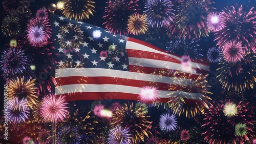 American flag waves against a backdrop of fireworks and stars.