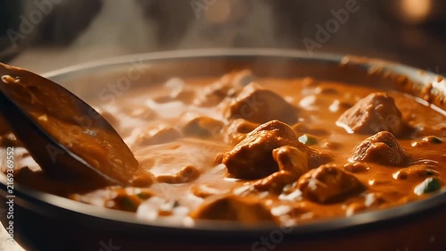 A steaming pot of delicious chicken tikka masala is being stirred with a wooden spoon.