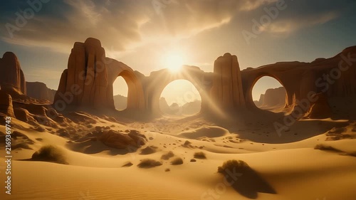 Sunbeams illuminate desert arches and sand dunes.