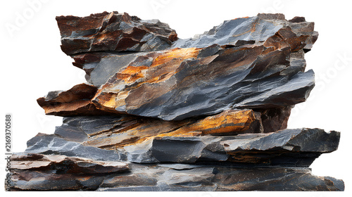 Layered slate rock formation with orange accents