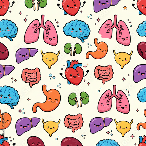 Cute Cartoon Human Anatomy Seamless Pattern - Kawaii Internal Organs with Smiling Faces for Kids Medical Education
