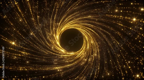 A swirling vortex of golden glitter particles forms a luminous ring against a dark background, with smaller sparkles scattered around.