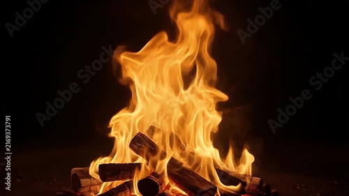 A close-up shot of a campfire burning brightly against a dark background.