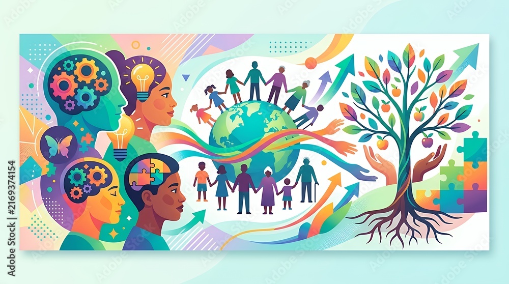 Obraz premium Vector banner design promoting global neurological diversity and developmental support with colorful artistic elements autism awareness banner illustrationflat design hand drawn cartoon