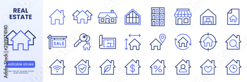 Real estate line icons set. Property management, house keys, home for sale, blueprint plan, mortgage flat minimal vector illustration. Simple outline signs. Blue duotone color. Editable Stroke.