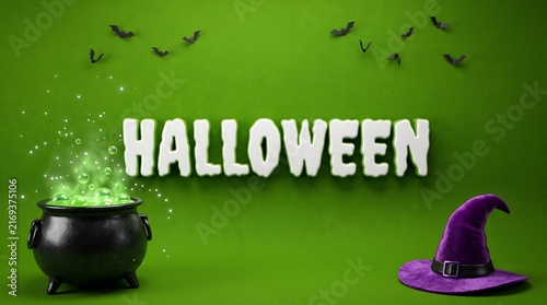 Halloween text with magic witch cauldron and purple hat on green background