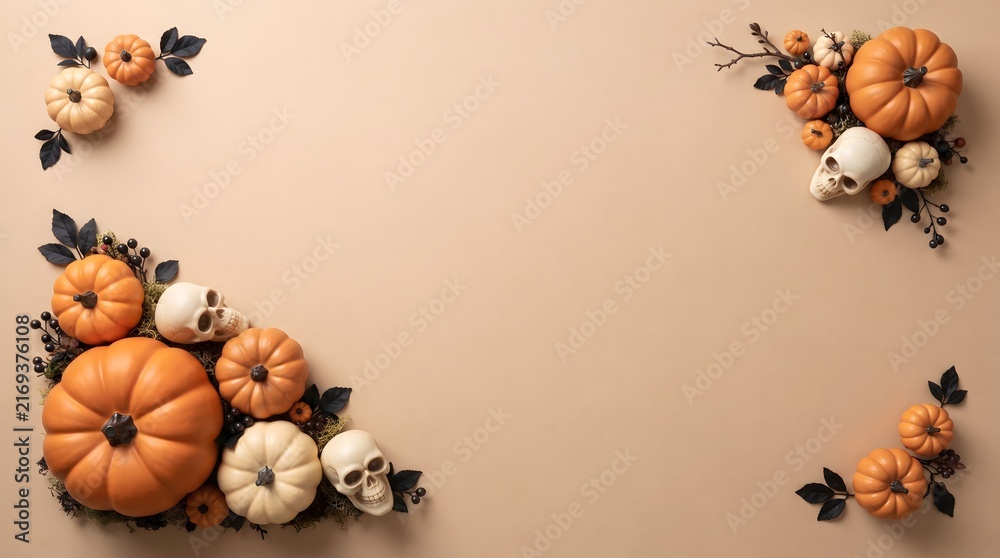 Fototapeta premium Flat lay composition of pumpkins and skulls arranged in corners on a neutral beige background for halloween holiday celebration