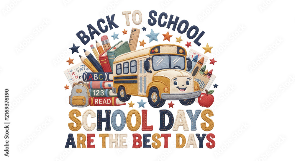 Naklejka premium Back to School Bus and School Supplies Typography Transparent Background