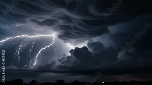 Spectacular lightning strikes illuminating dark storm clouds.