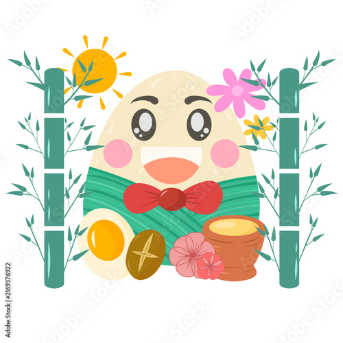 Cute Cartoon Zongzi Character Food Egg with Bamboo and Flower Illustration