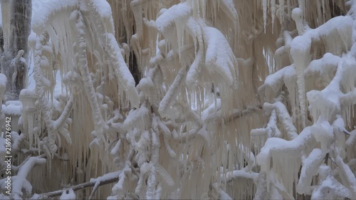 Winter ice covers trees in a frozen landscape in cold weather