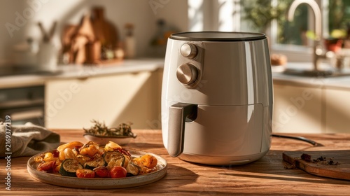 Modern kitchen with an air fryer on the table and cooked vegetables on a plate nearby