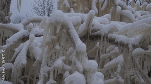 Ice formations and winter landscape in a snowy park near a tree in the afternoon