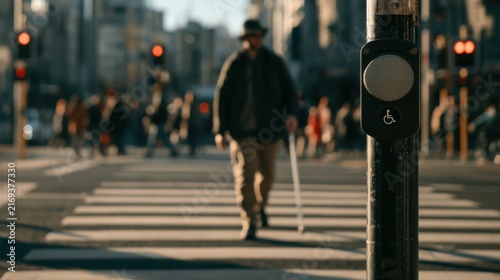 Person walks across a crosswalk in a busy city while using a white cane for support in the late afternoon light