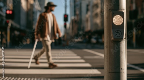 Man crossing the street at a traffic light in a busy urban area during the day