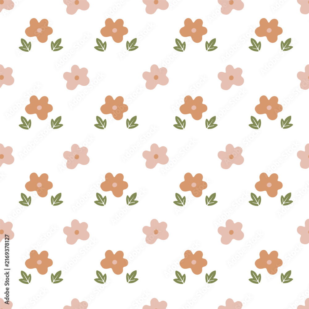 Fototapeta premium Cute earth tone flower and sage green leaf seamless pattern on white background. Minimalist terracotta daisy blossom, pastel pink petal, and tiny botanical sprout hand drawn vector illustration.