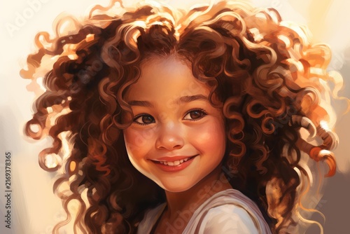 Little girl with curly hair smiling brightly, innocence and joy
