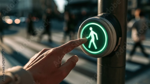 Person pressing pedestrian crossing button in a busy city during daylight