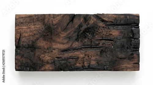 Charred Walnut Wood Plank Texture with Scorched Timber Surface on White Background