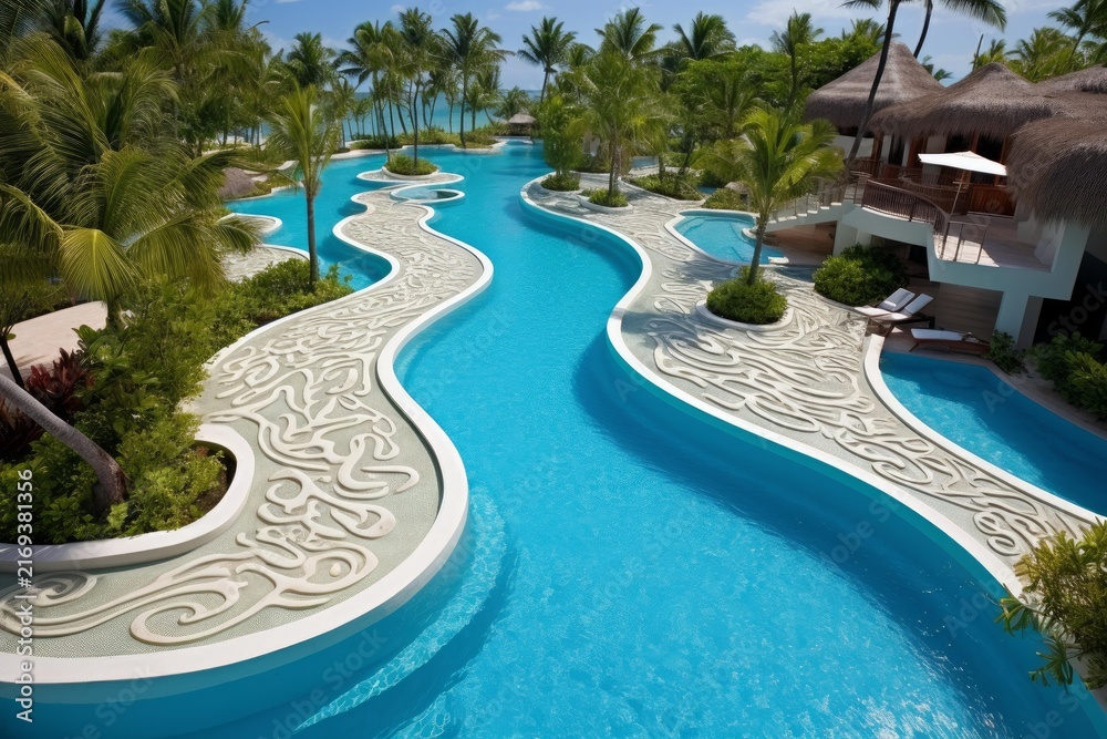 Fototapeta premium Resort complex with winding blue swimming pools surrounded by lush palm trees and bungalows