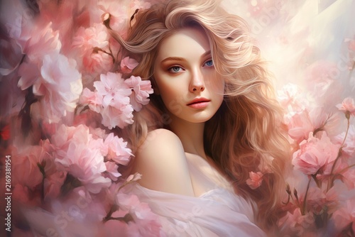 Woman with wavy blonde hair surrounded by blooming pink cherry blossoms