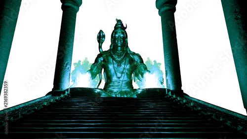 Картината върху платно A seated Shiva silhouette rises above temple stairs between columns and cool cya