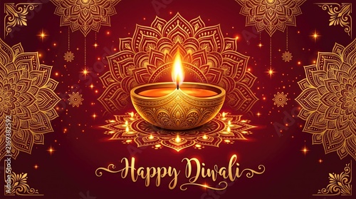 A beautiful glowing diya lamp with intricate golden patterns on a dark red background for the diwali festival celebration